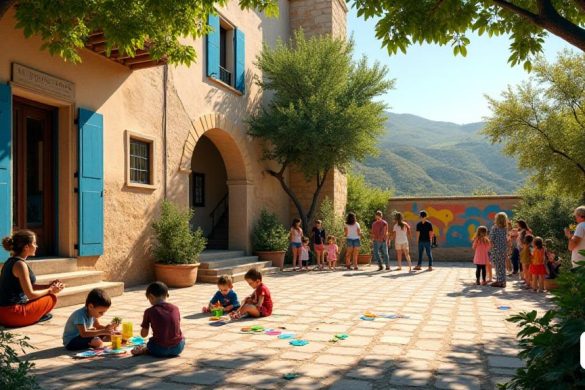 La imagen captura el exterior encantador de 'La Fundació Mas Miró', un edificio histórico ubicado en medio de exuberantes jardines verdes. La fachada muestra una mezcla de arquitectura catalán tradicional con paredes de piedra rústica y persianas azules vibrantes. En primer plano, un grupo de familias, incluidos niños y adultos, se ve participando en un 'taller de collage', con papelidos y suministros de arte dispersos. Los niños, llenos de emoción, están cortando y pegando, mientras que un instructor amistoso los guía, demostrando técnicas inspiradas en 'Joan Miró'. Cerca, se está llevando a cabo una actuación teatral titulada 'El Calaix de L’RISTA' ', con actores vestidos con trajes caprichosos, llamando la atención de una audiencia que está divertida e intrigada. El telón de fondo presenta un mural grande y colorido inspirado en el arte abstracto de Miró, mejorando la atmósfera festiva. La luz del sol se filtra a través de los árboles, lanzando sombras juguetones en el suelo, mientras que las pancartas anu