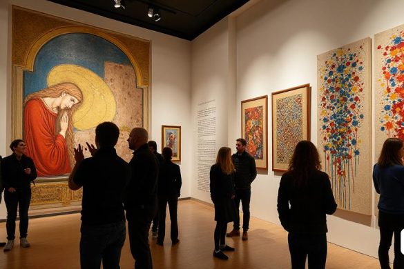 La imagen captura un espacio de exhibición vibrante y llamativo dentro del Museu de Solsona, donde la yuxtaposición del arte histórico y contemporáneo es palpable. Por un lado, un fresco grande y meticulosamente detallado de 'L'Orant de Sant Quirze de Pedret' domina la pared, sus colores ricos y profundos, que representa una figura en la oración, irradiando un sentido de espiritualidad y reverencia. Los intrincados detalles del fresco contrastan bruscamente con las piezas de arte moderno que lo rodean, particularmente una serie de lienzos 'goteados' que recuerdan al estilo de Jackson Pollock, donde las audaces salpicaduras de color se cruzan en la armonía caótica. La iluminación en la habitación es suave pero enfocada, iluminando las texturas del fresco mientras lanza sombras dramáticas que mejoran la profundidad de las obras de arte. Los visitantes, un grupo diverso de entusiastas del arte y curiosos espectadores, son vistos comprometidos con las piezas, algunos apuntando y discutiendo el 'anacronisme' que c