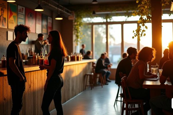 La imagen captura una escena bulliciosa en 'L’Teneu Cooperatiu' la Baula durante los primeros días de septiembre de 2019. En primer plano, un joven vestido con 'jeans básicos' y una 'camiseta simple' se ve conversando, su comportamiento casual, a medida que se acerca al bar donde Mireia, un miembro de 'Lleida endavantante', está sirviendo bebidas. La barra está adornada con carteles coloridos que promueven varios movimientos sociales, lo que refleja la atmósfera vibrante del activismo. En el fondo, un grupo de personas, diversas en edad y etnia, se reúnen alrededor de una mesa, discutiendo planes para las próximas celebraciones 'Onze de Setembre', sus expresiones una mezcla de determinación y emoción. La cálida luz del sol de ajuste se filtra a través de las grandes ventanas, lanzando un tono dorado en los muebles de madera y creando un ambiente acogedor. En las paredes, las pancartas con lemas de 'independiente' y 'justicia social' cuelgan prominentemente, simbolizando el espíritu de la comunidad. La imagen