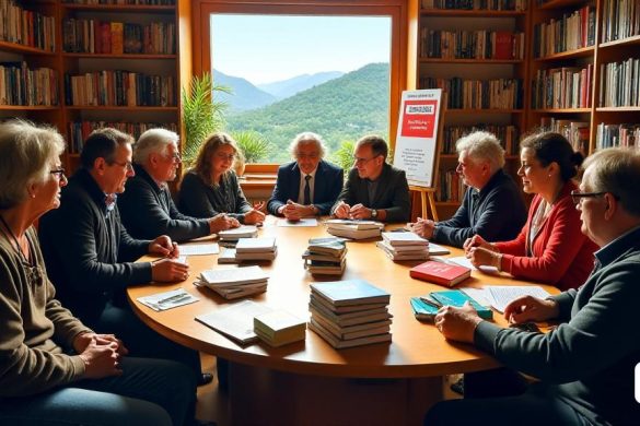 La imagen captura una escena vibrante dentro de la 'biblioteca comunal d’Camp', llena de una atmósfera cálida y acogedora. En el centro, una gran mesa redonda está rodeada de varios autores y editores, incluidos 'Frank García', 'Marc Cortès', 'Joan Peruga' y 'Jordi Casamajor'. Cada participante tiene una pila de sus últimas obras literarias que se muestran prominentemente frente a ellos. Los autores se dedican a discusiones animadas, sus expresiones que reflejan la pasión y el entusiasmo por sus libros. Al rodear la mesa, los asistentes a diversas edades y fondos están sentados, algunos toman notas mientras que otros toman refrigerios de pequeñas mesas adornadas con 'bocadillos' y 'bebidas'. Las paredes de la biblioteca están llenas de estantes llenos de libros coloridos, y la iluminación suave crea un ambiente acogedor. En un caballete cercano, un póster anuncia los detalles del evento, incluida la fecha '12 d’Abril 'y la hora de inicio '11 Hores'. En el fondo, una ventana revela un vistazo del pintoresco pa