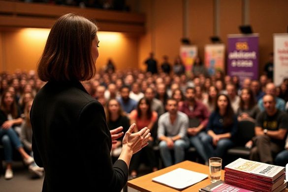 La imagen captura una escena vibrante en el 'Auditori del Center Cultural' en Catllar, donde se reúne una gran audiencia para una conferencia. La habitación está llena de iluminación cálida y ambiental que crea un ambiente acogedor. En primer plano, una mujer segura, 'Míriam Tirado', se encuentra en un podio, sus manos expresivas gesticen mientras habla apasionadamente sobre la 'crianza consciente' y la 'educación emocional'. Ella tiene cabello castaño hasta los hombros y usa un atuendo elegante y profesional que refleja su comportamiento accesible. La audiencia, compuesta por padres y educadores, está cautivado, con expresiones de curiosidad y compromiso. Algunos asistentes están tomando notas, mientras que otros asienten de acuerdo con sus perspicaces puntos. Las pancartas en el fondo muestran el título del evento 'SOS, Adolescent A CASA' en negritas, destacando el enfoque en los desafíos de los adolescentes. El arreglo de los asientos está organizado en filas, con algunos niños visibles en la multitud, lo