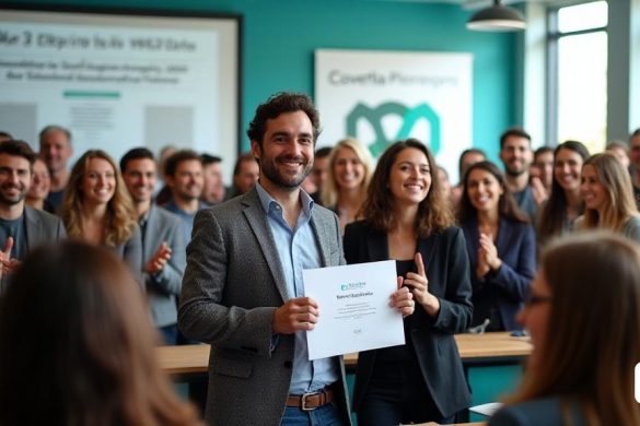 La imagen captura una escena vibrante en el Escola Tècnica Superior d’Genyeria química (Etseq) de la Universitat Rovira I Virgili (Urv) en Tarragona, donde un grupo de estudiantes entusiastas se reúne para celebrar el reconocimiento de 'Xavier Algría', un estudiante maestro en 'Engineería química'. En primer plano, Xavier se encuentra orgullosamente sosteniendo un certificado, radiante de alegría, rodeado de sus compañeros que aplauden y vitorean. El telón de fondo presenta una sala de conferencias moderna adornada con la marca 'Covestro', que muestra su compromiso con la 'sostenibilidad' y la 'innovación'. La luz natural brillante inunda la habitación a través de grandes ventanas, iluminando un póster en la pared que detalla el premio de 'experiencia laboral', enfatizando su papel en el fomento de jóvenes talentos en el sector químico. La atmósfera está llena de emoción y camaradería, simbolizando la fuerte conexión entre la capacitación académica y el entorno industrial, como lo destaca 'Andrea Firenze', el