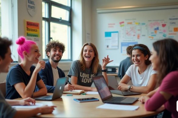La imagen captura una escena vibrante y dinámica en un entorno universitario, que muestra un grupo diverso de jóvenes que participan en una discusión animada. En primer plano, un grupo de individuos 'Millennials' y 'Generation Z' están sentados alrededor de una mesa circular, con computadoras portátiles y cuadernos dispersos entre ellos. Una mujer joven, con el cabello 'rosa' brillante y con una 'camiseta gráfica' que lee 'el amor es amor', gestica animadamente mientras habla, su expresión refleja pasión y entusiasmo. A su lado, un joven con 'aretes' y un 'gorro' escucha con atención, asintiendo de acuerdo. En el fondo, una gran pizarra muestra gráficos coloridos y palabras clave como 'bisexualidad', 'género' e 'ideología política', que ilustran los temas de su discusión. La habitación está llena de luz natural que se transmite a través de grandes ventanas, y las paredes están adornadas con carteles que promueven 'LGBTQ+ derechos' y 'diversidad'. La atmósfera es de apertura y aceptación, destacando las tenden