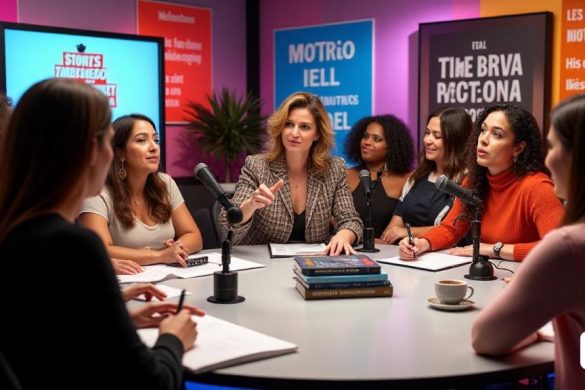 La imagen captura una escena vibrante y estimulante ambientada en un estudio de radio moderno, donde se reúne un grupo diverso de mujeres alrededor de una mesa circular elegante. Cada mujer se dedica a una discusión animada, que ilustra el tema del podcast 'Les Dones I Els Dies'. Las paredes del estudio están adornadas con carteles coloridos con citas empoderadoras sobre el "feminismo" y la "igualdad", mientras que una pantalla grande muestra el título del último episodio, que se centra en un movimiento de Corea del Sur que defiende por "un mundo sin hombres". La iluminación es cálida y acogedora, creando una atmósfera de camaradería y diálogo abierto. En primer plano, Montse Virgili, el anfitrión de podcast, está haciendo un gesto apasionadamente, su expresión una mezcla de entusiasmo y contemplación. Las mujeres que la rodean, que representan diversos antecedentes y edades, escuchan atentamente, algunas tomando notas, otras asintiendo de acuerdo. Sobre la mesa, hay micrófonos, tazas de café y una pila de li