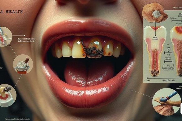 La imagen muestra una representación visual sorprendente e informativa de los efectos nocivos del 'tabaco' en la salud oral. En primer plano, un primer plano de una boca humana revela 'dientes' manchados con decoloración amarillenta y marrón, que muestra el impacto de 'alquitrán' y 'nicotina'. Las encías se representan como inflamadas y oscurecidas, lo que indica 'gingivitis' y otras enfermedades periodontales. Alrededor de la boca hay ilustraciones de varios problemas de salud oral, incluido un diagrama de 'periodontitis' con flechas que apuntan a áreas de 'pérdida de hueso' alrededor de los dientes. En el fondo, una tabla desvaída muestra estadísticas sobre el mayor riesgo de 'cáncer oral' para los fumadores, con una sorprendente comparación visual con los no fumadores, enfatizando que los fumadores tienen un riesgo que es '7 a 10 veces' más alto. Además, hay imágenes de herramientas dentales como un cepillo de dientes, hilo dental y enjuague bucal, que simbolizan la importancia de la higiene oral. El esque