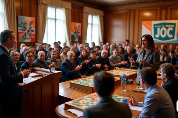 La imagen representa la 'Sala de Plens' del 'Ajuntament de la Seu d’Ugell', lleno de asistentes reunidos para la inauguración oficial del 'Novena edició del Festival del Joc del Pirineu'. La habitación está adornada con elegantes paneles de madera y ventanas grandes que permiten que la luz natural se inunde. En primer plano, se establece un podio, donde 'Joan Barrera', el alcalde, se encuentra con una sonrisa acogedora. A su derecha, 'Gemma Tó', el vical de alcalde, habla apasionadamente sobre la importancia de los juegos de mesa como herramientas para la educación social, sus manos se señalan animadamente para enfatizar sus puntos. La audiencia, un grupo diverso de personas de diversas edades y antecedentes, escucha con atención, algunos asienten de acuerdo. En el fondo, las pancartas que muestran el logotipo del festival cuelgan de las paredes, mientras que las tablas están configuradas con varios juegos de mesa, invitando a la participación. El ambiente es vibrante y lleno de emoción, reflejando el espírit