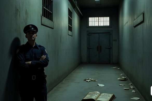 La imagen representa un corredor de prisión con poca luz, las paredes son un gris frío e implacable, marcado con el paso del tiempo y el peso de innumerables historias. Al final del corredor, una puerta de metal pesado se encuentra ligeramente aparte, lanzando una astilla de luz que rompe la oscuridad opresiva. En el piso, los papeles dispersos y un libro desgastado titulado 'No Digas a Nieie en Qé Trabajas' se encuentran abandonados, simbolizando la lucha de los personajes dentro de sus páginas. En primer plano, una figura solitaria, un guardia de la prisión vestido con un uniforme azul marino, se encuentra con los brazos cruzados, su rostro una mezcla de cansancio y determinación. Sus ojos reflejan las duras realidades de su trabajo, insinuando las 'constantes de agresiones' y 'tensiones polítiques' que enfrenta diariamente. Detrás de él, se pueden ver sombras débiles de reclusos a través de las ventanas barradas, sus siluetas un recordatorio del 'realitat' que la novela busca retratar. La atmósfera está ll