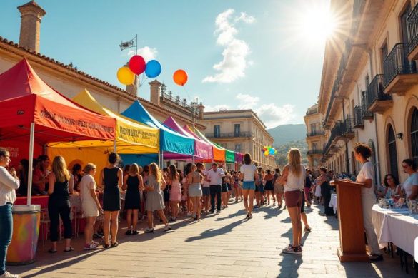 La imagen representa una escena vibrante y animada en el corazón de Xàtiva, que muestra un evento comunitario dedicado a promover 'Igualtat' y 'Diversitatat'. En primer plano, un grupo diverso de personas, incluidas mujeres y miembros de la comunidad 'Lgtbiq+', se reúnen en torno a un stand colorido adornado con pancartas que leen 'Igualtat de Gènere' y 'diversitat sexual'. La atmósfera está llena de emoción a medida que los participantes participan en discusiones, comparten ideas y se registran en diversas iniciativas. Los globos y banderas de colores brillantes revolotean en la suave brisa, simbolizando la unidad y la celebración. En el fondo, la arquitectura histórica de Xàtiva proporciona un impresionante contraste con los valores modernos que se promueven. El sol brilla, lanzando un brillo cálido sobre la escena, mientras que algunos niños juegan cerca, encarnando el futuro de la inclusión. Las tablas se configuran que muestran folletos informativos sobre el 'Associacionisme' y los recursos para prevenir