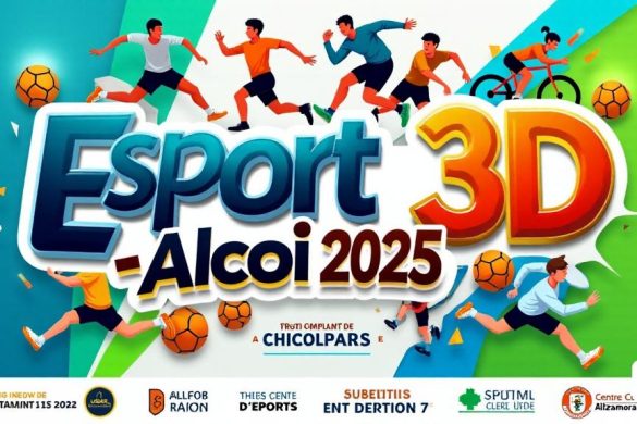 Un diseño de 'póster' vibrante y dinámico para la duodécima edición de 'eSport 3d' en Alcoi, con un tema animado de 'deportes'. El fondo está lleno de colores energéticos como 'azul', 'verde' y 'naranja', que simboliza 'Unidad' y 'Competencia'. En el centro, la tipografía en negrita muestra el texto 'eSport 3D-Alcoi 2025' en una fuente llamativa. Alrededor del texto hay ilustraciones de varias actividades 'deportivas', como 'correr', 'ciclismo' y 'deportes de equipo', que muestran la diversidad del evento. Los 'logotipos' oficiales del 'Ajuntament d’Olki', 'Center d' eSports 'y' Center Comercial Alzamora 'se colocan estratégicamente en la parte inferior, asegurando que sean prominentes pero armoniosos con el diseño general. El póster transmite una sensación de emoción y comunidad, invitando a la participación de individuos de 16 años o más. El diseño está limpio y organizado, con un claro llamado a la acción para las presentaciones antes de la fecha límite del 15 de mayo de 2025. La estética general es modern