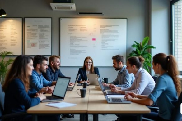 Un entorno de oficina 'profesional', con un diseño 'moderno' con elegantes 'muebles' y 'ventanas grandes' que permiten que la luz natural inunde el espacio. En primer plano, un grupo "diverso" de empleados, tanto hombres como mujeres, se dedican a una "reunión virtual" en sus computadoras portátiles, mostrando una combinación de "trabajo remoto" y "colaboración en persona". Los muros están adornados con 'carteles motivacionales' que enfatizan 'trabajo en equipo' e 'innovación'. En el fondo, una 'pizarra' llena de 'planes estratégicos' y 'notas de lluvia de ideas' refleja la adaptación continua a los 'modelos de trabajo híbridos'. Una 'estación de café' en la esquina agrega un toque informal, invitando a los empleados a tomar descansos y fomentar 'interacciones sociales'. La atmósfera general es una de la 'energía dinámica', que destaca los desafíos y oportunidades de la 'cultura laboral pospandémica'.