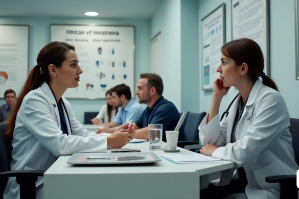 Un entorno médico 'profesional', donde se ve a una 'doctora' discutiendo con un 'paciente' en una habitación bien iluminada. Las paredes están adornadas con 'certificados médicos' y 'carteles educativos' sobre la salud. El médico, con una 'bata blanca', parece 'empática' y 'atenta', mientras que el paciente se ve 'preocupado' todavía 'receptivo'. En el escritorio, hay 'herramientas médicas' y una 'computadora' que muestra registros de pacientes. En el fondo, se puede ver una 'área de espera' con 'pacientes' sentados en silencio, algunas revistas de lectura. La atmósfera es 'tensa' pero 'profesional', que refleja los problemas continuos de las 'agresiones' que enfrentan el personal médico, como lo destacan las estadísticas en la pared. Un "tablero de avisos" muestra información sobre el nuevo "botón de informes" para los incidentes de agresión, enfatizando la importancia de "informar" y "apoyo" para los profesionales médicos.