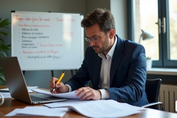 Un entorno profesional con Benja Anglès, un experto distinguido en impuestos, sentado en un escritorio moderno abarrotado de documentos financieros y una computadora portátil que muestra la 'Esborrany de la Renda'. La habitación está bien iluminada, con una gran ventana que permite que la luz natural se inunde, lanzando sombras suaves en el piso de madera pulida. En la pared detrás de él, una pizarra está llena de puntos clave y regulaciones fiscales, incluidos términos como 'Impost Sobre La Renda de Les Persones Físiques' y 'Criptomonedes'. Benja, vestido con un traje inteligente de la Armada, está revisando atentamente un documento, destacando secciones importantes con un marcador amarillo. Una taza de café se sienta a su lado, y una pequeña planta en maceta agrega un toque de vegetación al espacio de trabajo. La atmósfera transmite un sentido de enfoque y profesionalismo, enfatizando la importancia de una cuidadosa preparación de impuestos y la necesidad de precisión en los asuntos financieros.