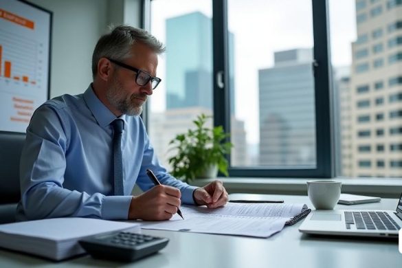 Un entorno profesional que representa un 'asesor financiero' sentado en un elegante 'escritorio moderno' abarrotado de 'documentos' y una 'computadora portátil'. El asesor, un hombre de mediana edad con anteojos, está revisando intensamente un formulario de 'declaración de impuestos' mientras toma notas sobre un 'bloc de notas'. En el fondo, una gran 'ventana' revela un bullicioso paisaje urbano, simbolizando la temporada de impuestos ocupados. En el escritorio, una 'calculadora' y una taza de 'café' se suman a la atmósfera de enfoque y diligencia. Un 'gráfico' en la pared ilustra varias 'deducciones' relacionadas con 'gastos de vivienda', enfatizando la importancia de comprender los beneficios fiscales. El ambiente general es de profesionalismo y urgencia, destacando la importancia de la preparación de impuestos.