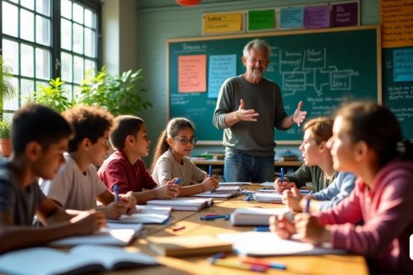 Un escenario de clase vibrante lleno de luz natural que se transmite a través de grandes ventanas. Las paredes están adornadas con coloridos carteles educativos con citas sobre 'educación', 'aprendizaje' y 'pedagogía'. En primer plano, un grupo diverso de estudiantes, comprometidos y enfocados, están trabajando en colaboración en una gran mesa de madera, sus caras que reflejan la curiosidad y la emoción. En la mesa, hay libros abiertos, cuadernos llenos de notas escritas a mano y marcadores coloridos dispersos. En el fondo, un maestro apasionado, que encarna la esencia de un "buen educador", se encuentra junto a una pizarra llena de diagramas y notas sobre diferentes "métodos" de enseñanza. El maestro, un individuo de mediana edad con un comportamiento accesible, hace un gesto animado mientras explica un concepto, capturando la atención de los estudiantes. El aula está llena de plantas, agregando un toque de 'naturaleza' y calidez al medio ambiente. La atmósfera es dinámica e interactiva, que muestra una comb