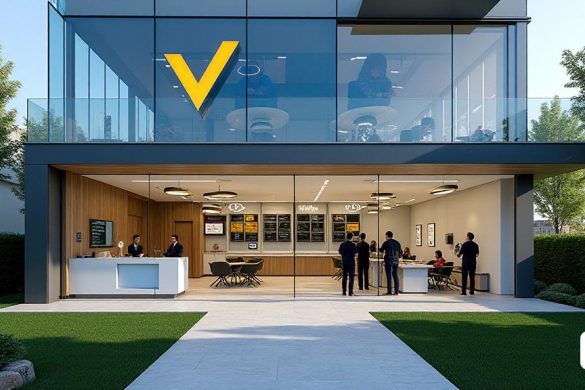 Un espacio de oficinas moderno ubicado en 'Plaça Francesc Bedós' en 'Igualada', que muestra la atmósfera vibrante y profesional de las instaltos de Vives. El exterior presenta una elegante fachada de vidrio con el logotipo de la compañía que se exhibe prominentemente, rodeado de exuberante vegetación y paisajismo bien mantenido. En el interior, el área de recepción es brillante y acogedora, con muebles contemporáneos y exhibiciones digitales que muestran su gama de servicios en 'electricidad', 'agua', 'gas', 'climatización' y 'energía renovable'. Los muros están adornados con certificaciones y premios enmarcados, lo que refleja el compromiso de la compañía con la 'innovación' y la 'calidad'. En el fondo, un equipo de profesionales altamente calificados se dedica a las discusiones, enfatizando el servicio personalizado y las estrechas relaciones con los clientes. Adyacente a la oficina, el área del taller está llena de actividad, donde los técnicos ensamblan 'paneles eléctricos' y realizan reparaciones, destac