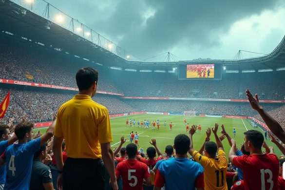 Un estadio de fútbol vibrante y caótico lleno de fanáticos apasionados, cada uno con camisetas coloridas de sus respectivos equipos, ondeando banderas y pancartas. La atmósfera es eléctrica, con un mar de caras que muestra una variedad de emociones, desde la alegría hasta la frustración. En primer plano, un árbitro en un brillante kit 'amarillo' se encuentra con un silbato en la mano, mirando severamente al campo, mientras que los jugadores con uniformes 'azul' y 'rojo' se enfrentan en un argumento acalorado sobre una llamada controvertida. El fondo muestra una pantalla grande que muestra repeticiones instantáneas, resaltando una decisión de "cerca", con gráficos animados que capturan la tensión del momento. La multitud está dividida, algunos vítores en apoyo de la decisión del árbitro, otros con armas criados con incredulidad, mostrando un espectro de 'indignación' y pasión. Arriba, el cielo es una mezcla de 'azul' y 'gris', insinuando una tormenta inminente, reflejando las emociones tumultuosas dentro del e