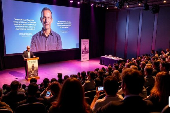 Un evento de lanzamiento de libros vibrantes que tiene lugar en un auditorio moderno y bien iluminado. En primer plano, un hombre distinguido, 'Xavier Sala I Martín', se encuentra con confianza en un podio adornado con la portada del libro de 'Entre El Paradís I l’Pocalipsi', que presenta un diseño sorprendente de imágenes contrastantes que representan 'para el paraíso' y 'apocalipse'. El público es un grupo diverso de personas comprometidas, algunas tomando notas mientras que otros capturan el momento en sus teléfonos inteligentes. Detrás de Xavier, una pantalla grande muestra citas clave de su presentación, enfatizando temas de 'inteligencia artificial', 'prosperidad' y 'conciencia humana'. La atmósfera está llena de una mezcla de curiosidad y anticipación, ya que los asistentes se inclinan para escuchar sus ideas sobre el futuro de la tecnología. Las paredes del auditorio están decoradas con pancartas que promueven el libro, y una mesa en la esquina está llena de copias que esperan ser firmadas. La ilumina