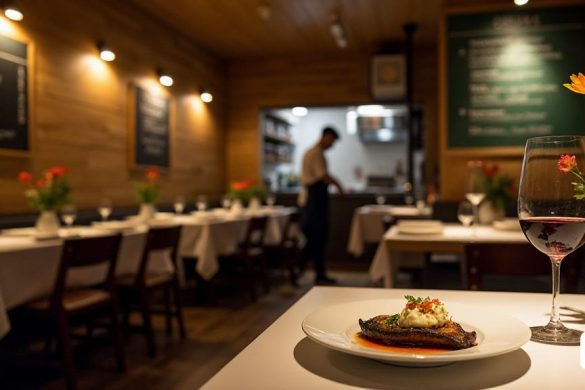 Un interior de restaurante acogedor e íntimo, 'gegante', ubicado en el bullicioso vecindario 'Poblenou' de Barcelona. Las paredes están adornadas con paneles rústicos de madera, dando un ambiente cálido, mientras que la iluminación suave y ambiental arroja un suave brillo sobre el espacio. Las tablas se establecen con manteles blancos minimalistas, cada uno cubierto con un pequeño jarrón de flores frescas de temporada. La cocina abierta es visible en el fondo, donde 'Joan Vallès', el joven chef, está preparando apasionadamente platos, su frente ligeramente fruncida en concentración. Un menú de pizarra cuelga en la pared, mostrando las ofertas 'estacionales' y las especialidades diarias en escritura elegante. La atmósfera está llena de los ricos aromas de la "cocina catalana" tradicional, con toques de berenjenas asadas, hierbas frescas y carnes saladas que flotan por el aire. En primer plano, se presenta un plato bellamente chapado de 'berenjena asada con crema agria y bottarga', destacando la simplicidad y l