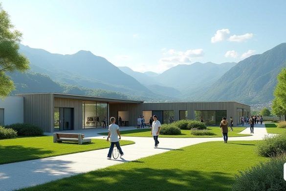 Un paisaje sereno de la región 'Alt Pirineu i aran', que muestra la impresionante belleza natural de las montañas de 'Pirineos' en el fondo, con exuberantes valles verdes y cielos azules claros. En primer plano, un edificio moderno 'Cap' (Centro D'Atenció Primària), simbolizando los 'servicios de salud' de alta calidad proporcionados a la comunidad. El edificio está rodeado de jardines bien mantenidos, lo que refleja la 'limpieza' que recibió una alta calificación de satisfacción del 96.9%. Cerca, se ve a una amigable 'enfermera' interactuando con un paciente, lo que demuestra la 'atención personalizada' que contribuye a la satisfacción del 96.6% con el 'personal de enfermería'. A lo lejos, se reúne a un pequeño grupo de personas, discutiendo sus experiencias, que encarna la fuerte conexión de la comunidad con sus "proveedores de atención médica". La atmósfera general es de confianza y satisfacción, con un sentido de accesibilidad y cuidado evidente en cada detalle.
