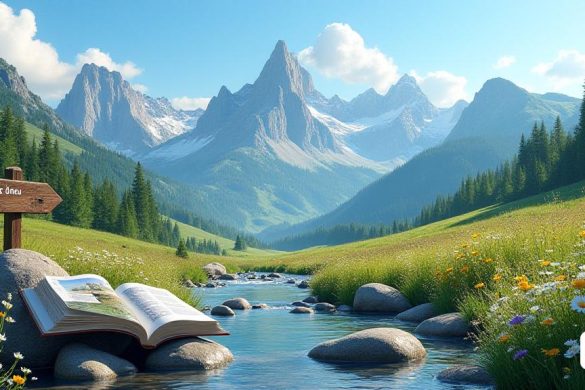 Un paisaje sereno que representa el majestuoso 'Pirineus', con imponentes 'montañas' cubiertas de exuberantes 'bosques' verdes bajo un cielo azul claro. En primer plano, una corriente suave fluye sobre 'piedras' suaves, que refleja la luz del sol y rodeada de flores silvestres vibrantes en varios colores, como 'amarillo', 'púrpura' y 'blanco'. Un pequeño cartel de madera dice 'Valls d’ àneu', que indica la belleza natural de la zona. En el fondo, los picos escarpados de las 'montañas' se elevan bruscamente, su parte superior espolvoreada con 'nieve', mientras que algunas nubes blancas esponjosas se desvanecen perezosamente. A un lado, una revista abierta titulada 'àrnica' se encuentra en una gran roca, mostrando impresionantes imágenes de vida silvestre y plantas locales, insinuando el rico contenido naturalista que ofrece la revista. La escena captura la esencia de la conexión entre 'naturaleza' y 'cultura', invitando a los espectadores a explorar y apreciar las maravillas del paisaje pirino.