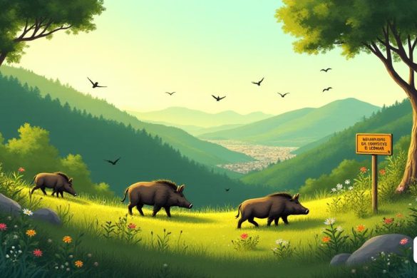 Un paisaje sereno que representa el parque natural 'Collserola', que muestra un exuberante ambiente verde con colinas y bosques densos. En primer plano, se puede ver a un grupo de 'jabalíes' alimentando pacíficamente, ilustrando la reducción significativa de su población. La escena captura un ecosistema vibrante, con varios flores de 'flores silvestres' y aves volando por encima. En el fondo, es visible una pequeña 'ciudad', simbolizando las comunidades afectadas por la vida silvestre. El cielo está claro con una cálida 'luz solar' que se filtra a través de los árboles, creando una atmósfera tranquila. Un signo que indica 'Observador del Conflicto del Senglar' está cerca, representando los esfuerzos de colaboración de las autoridades y comunidades locales para gestionar los conflictos de vida silvestre. La imagen transmite un sentido de armonía entre la naturaleza y la habitación humana, lo que refleja las iniciativas exitosas tomadas para reducir los incidentes y promover la coexistencia.