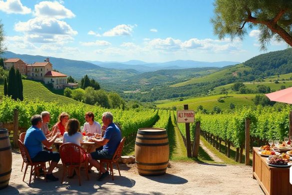 Un 'paisaje' vibrante de la región Alt Penedès, que muestra 'viñedos' rodantes bajo un cielo azul brillante, salpicado de nubes blancas esponjosas. En primer plano, se ve a un grupo de 'turistas' disfrutando de una experiencia de 'degustación de vinos' en una pintoresca 'bodega', con elegantes barriles de madera y exuberantes vides verdes que los rodean. Los turistas, una mezcla diversa de edades y etnias, se ríen y crían sus gafas, capturando la esencia de 'ocio' y 'alegría'. En el fondo, se desarrolla una vista 'pintoresca' de las colinas, con la arquitectura tradicional 'catalán' que se asoman a través de la vegetación. Una señal cercana dice 'Alt Penedès', enfatizando la identidad de la región. A un lado, un 'puesto de comida' ofrece manjares locales, con coloridas placas de 'tapas' y 'frutas' frescas, que ilustran la riqueza culinaria que complementa la experiencia del vino. La imagen transmite un sentido de 'hospitalidad', 'cultura' y 'turismo', lo que refleja el creciente interés en las ofertas del áre