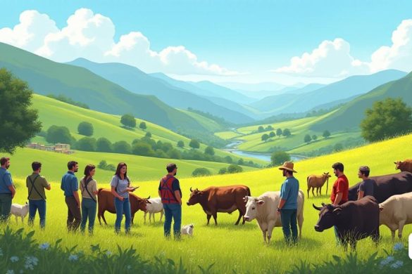 Un paisaje 'vibrante' que representa las montañas 'Pirineos', con valles 'verdes' exuberantes 'y' colinas onduladas 'debajo de un' cielo azul claro '. En primer plano, un grupo de 'agricultores' en 'atuendo de trabajo' se reúne, discutiendo las 'medidas' implementadas por el 'Departamento de Agricultura, Ganadería, Pesca y Alimentos' del gobierno de 'Cataluña'. Están rodeados de 'ganado', incluidos el 'ganado' y las 'cabras', algunas de las cuales pasan en paz. En el fondo, se ve a un 'veterinario' examinando un animal, simbolizando los esfuerzos continuos para mantener la 'salud animal'. Cerca, un 'letrero' indica que el área está 'oficialmente libre de tuberculosis bovina', destacando el éxito de los 'esfuerzos conjuntos' entre los agricultores, la administración y los servicios veterinarios. La escena transmite un sentido de 'comunidad', 'colaboración' y 'compromiso' con la salud y sostenibilidad agrícola.