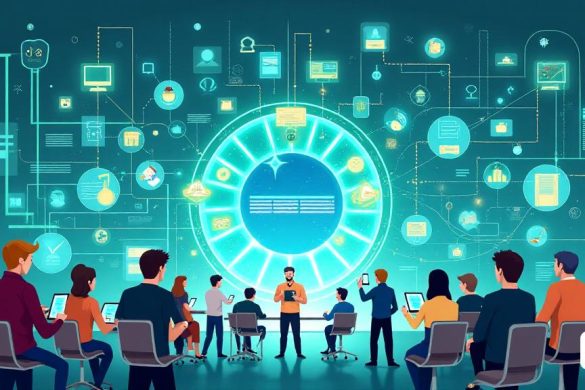 Un panorama digital 'vibrante' y 'dinámico' que representa la 'transformación' del ecosistema digital del generalitat de Catalunya. La imagen presenta una interfaz de portal web 'moderna' y 'fácil de usar', que muestra un diseño 'limpio' e 'intuitivo' con opciones de navegación 'claras'. Varios 'iconos' simbolizan diferentes servicios públicos, como 'salud', 'educación' y 'negocios', todos interconectados de una manera 'cohesiva'. El fondo está lleno de representaciones 'abstractas' de 'datos' y 'flujo de información', que ilustra la integración de múltiples sitios web en un solo portal 'Matrix'. La paleta de colores es 'brillante' y 'acogedora', con tonos de 'azul' y 'verde' para transmitir un sentido de 'confianza' y 'accesibilidad'. En primer plano, un grupo diverso de 'ciudadanos' interactúa con dispositivos digitales, reflejando el enfoque 'inclusivo' del nuevo sistema. La atmósfera general es una de 'innovación' y 'eficiencia', destacando el compromiso de mejorar los servicios públicos y mejorar la expe