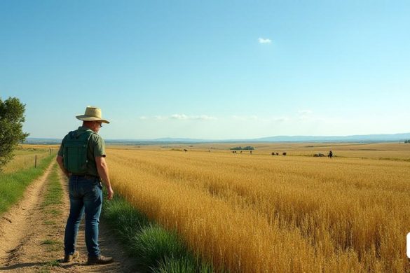 Un vasto 'paisaje' de la llanura de Lleida se extiende bajo un cielo azul claro, salpicado de parches de campos verdes y dorados. En primer plano, un agricultor con un sombrero de paja se encuentra inspeccionando sus cultivos 'cereales', que muestran signos de daños recientes de 'conejos'. Los cultivos son exuberantes pero tienen marcas notables de 'pastoreo', lo que indica la presencia de vida silvestre. A la izquierda, un pequeño grupo de árboles de 'fruta dulce', sus ramas pesadas de productos maduros, contrasta con los campos circundantes. Un cartel rústico de madera etiquetado 'Cereal Fields' apunta hacia un camino de tierra que conduce más profundo en el área agrícola. En la distancia, se puede ver un equipo de agentes de vida silvestre, equipado con redes y trampas, participando activamente en operaciones de 'captura' bajo la supervisión de un funcionario de aspecto severo, posiblemente Jaume Feixa, quien está discutiendo estrategias con ellos. La atmósfera es de urgencia y colaboración, lo que refleja
