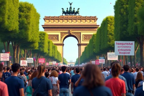 Una bulliciosa escena callejera en Barcelona, ​​que muestra el icónico 'Arc de Triomf' en el fondo, enmarcado por exuberantes árboles verdes y flores vibrantes. El primer plano presenta a una multitud diversa de ciudadanos, una conversación profunda, mientras que otros tienen señales que expresan sus preocupaciones sobre 'inseguretat' y el 'politització' de los 'Mossos d'Esquadra'. Algunas personas usan expresiones de preocupación y frustración, destacando la tensión en el aire. Cerca, es visible una presencia policial, con oficiales con uniformes, observando a la multitud, sus expresiones serias y centradas. La atmósfera se encarga de un sentido de urgencia a medida que las personas participan en discusiones sobre eventos recientes, incluido el controvertido retorno de un 'fugitiu' y las implicaciones de las fallas de seguridad. Los colores de la escena son vívidos, con los cálidos tonos del edificio que contrastan contra el verde de los árboles y la ropa diversa de los ciudadanos, lo que refleja la riqueza