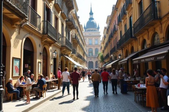 Una bulliciosa escena callejera en el vecindario de Gràcia de Barcelona, ​​donde la 'Carrera Sant Agustí' se encuentra con la atmósfera vibrante de la ciudad. El edificio en el número '14' presenta una fachada encantadora con intrincados diseños, que muestra la clásica arquitectura 'modernista' típica del área. La calle está bordeada de cafés animados y pequeñas tiendas, con locales y turistas mezclados, creando un sentido de comunidad. En el fondo, la 'Casa Fajol', conocida como 'Casa Papallona', se destaca con su único mosaico 'Trencadís' de una mariposa, llamando la atención de los transeúntes. La luz del sol proyecta sombras juguetones en el pavimento adoquín, mientras que un grupo de residentes, incluidos 'Anna Olesti' y 'Marina Parés', se involucran en una discusión seria sobre temas de vivienda, sus expresiones que reflejan preocupación y determinación. Cerca, se ve a los trabajadores de la construcción renovando uno de los apartamentos, con herramientas y materiales dispersos, destacando la transforma