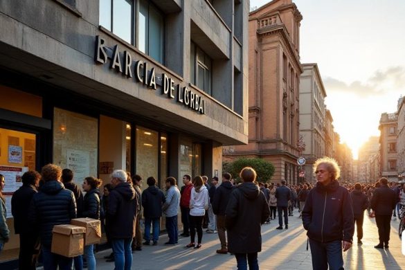 Una bulliciosa escena fuera de la 'Estació de Lleida', donde se encuentra el ahora cerrado 'Hotel Rambla'. El edificio, una mezcla de arquitectura moderna y tradicional, cuenta con grandes ventanas de vidrio que reflejan la luz del sol, con una señalización desteñida insinuando su gloria pasada. En primer plano, un grupo de personas, algunas que transportan 'cajas de frutas', se reúnen alrededor de un tablero de notificaciones que muestran actualizaciones sobre el nuevo 'Center d’Acolliment'. Cerca, una 'Tinenta d’ Alcalde' preocupada, Cristina Morón, se ve hablando con una pequeña multitud, su expresión seria mientras discute las 'desavinencias' con Adif. El fondo muestra las concurridas calles de Lleida, con 'bicicletas' estacionadas a lo largo de la acera y los peatones que se mueven, algunos se detienen para escuchar la conversación en curso. La atmósfera se encarga de una mezcla de esperanza e incertidumbre, ya que la comunidad lidia con las implicaciones de la decisión de no proceder con el refugio temp