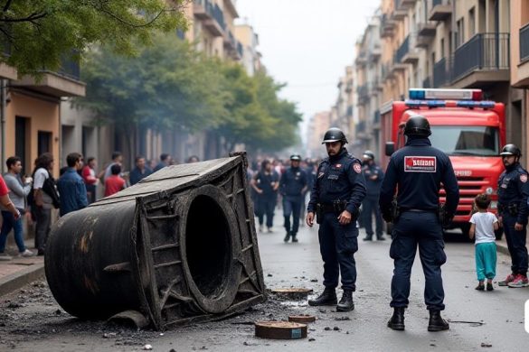Una bulliciosa escena urbana en el vecindario de 'Cerdanyola' en Mataró, que muestra las secuelas de un reciente problema de orden público. En primer plano, un 'contenedor' carbonizado se encuentra de lado, su marco de metal retorcido y ennegrecido, rodeado de escombros dispersos. Cerca, un 'vehículo' dañado lleva marcas de quemaduras, sus ventanas se rompieron, simbolizando la violencia que ocurrió. La calle está bordeada de edificios de 'ladrillo', sus fachadas que muestran signos de edad y ropa, mientras que los miembros de la comunidad se reúnen, algunos parecen preocupados y otros involucrados en conversaciones. Los oficiales de policía de 'Mossos d'Esquadra' y 'Policia Local' son visibles, coordinando los esfuerzos para mantener el orden, sus uniformes que contrastan contra el caos. En el fondo, un camión de bomberos, estampado con el logotipo de 'Bombers', está listo, destacando la respuesta colaborativa de los servicios públicos. El cielo está nublado, reflejando la atmósfera tensa, mientras que algun