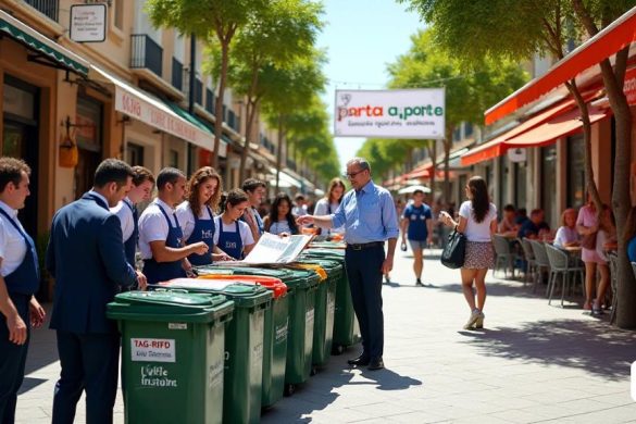 Una bulliciosa escena urbana en Salou, que muestra la implementación de un nuevo sistema de recolección de residuos 'Porta A Porta' dirigido al sector Horeca. La imagen cuenta con una vibrante calle llena de 'hoteles', 'restaurantes' y 'cafeterías', con una señalización colorida que indica sus nombres. En primer plano, un grupo de miembros del personal bien vestidos de varios establecimientos se recopilan alrededor de una mesa, leyendo atentamente un 'tríptico' que describe el nuevo modelo de gestión de residuos. Se dedican a discusiones animadas, y algunos apuntan a secciones específicas del folleto. Cerca, un trabajador municipal está demostrando el uso de un dispositivo 'Tag-RFID' para un curioso propietario de un restaurante, destacando el papel de la tecnología en el seguimiento de los desechos. La calle está adornada con 'Bujols' para desechos orgánicos y residuales, con un etiquetado claro, y los sacos semitransparentes para los reciclables están perfectamente organizados. El fondo captura el ambiente