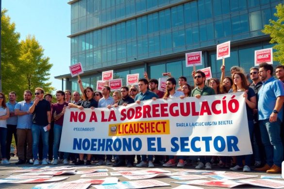 Una bulliciosa escena urbana que representa a un grupo de profesionales de bienes raíces reunidos fuera de un edificio del gobierno moderno, sus expresiones una mezcla de determinación y preocupación. En primer plano, un grupo diverso de individuos, incluidos hombres y mujeres de diversas edades y orígenes étnicos, sostienen pancartas con frases como 'No a la Soberegulació' y 'Defensem El Sector' en colores audaces y llamativos. El fondo presenta la elegante arquitectura del edificio del gobierno, con grandes ventanas de vidrio que reflejan el paisaje urbano. El cielo es un azul claro, que simboliza la esperanza en medio de la tensión. Cerca, una pequeña multitud de reporteros y cámaras capturan el momento, enfatizando la atención de los medios que rodea el decreto. En el suelo, los folletos dispersos detallan los potenciales impactos negativos de las nuevas regulaciones, con frases como 'Greu Impacte' y 'Inseguretat Jurídica' destacadas en rojo. La atmósfera general está acusada de urgencia y activismo, que
