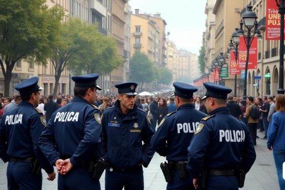 Una bulliciosa escena urbana que representa una 'plaza de la ciudad' llena de una multitud diversa de personas involucradas en diversas actividades. En primer plano, un grupo de 'oficiales de policía' en uniformes distintos que representan a los 'Mossos d'Esquadra', 'Guàrdia Urbana' y 'Policia Nacional' se ven colaborando, sus expresiones son serias y enfocadas mientras discuten las estrategias. Cerca, es visible una entrada de 'estación de metro', con 'guardias de seguridad privados' que monitorean el área. El fondo presenta una mezcla de 'edificios modernos' y 'arquitectura histórica', que simboliza la combinación de tradición y progreso en la ciudad. Se pueden ver pancartas y carteles brillantes, promoviendo iniciativas de seguridad comunitaria. La atmósfera se encarga de una sensación de urgencia y determinación, lo que refleja los esfuerzos continuos para combatir el crimen en 'áreas de alto riesgo'.