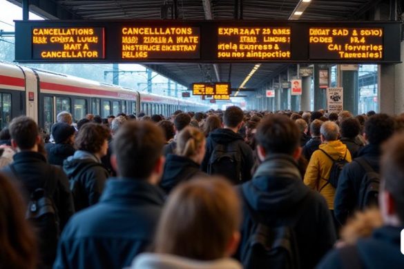 Una bulliciosa estación de tren llena de viajeros, algunos que parecen frustrados y ansiosos debido a la "huelga" que afecta a los servicios de 'Rodalies'. Los tableros de visualización digital están parpadeando con 'cancelaciones' y 'retrasos', particularmente destacando las líneas 'R2 SUD' y 'R4'. Un grupo de estudiantes, visiblemente molestos, se reúnen cerca de una parada de autobús, observando cómo pasar los 'autobuses expresos' sin detenerse, empacados. En el fondo, se ve a algunos miembros del personal de 'Renfe' discutiendo la situación, mientras que otros ayudan a los pasajeros con consultas. La atmósfera es tensa, con algunas personas que mantienen signos en protesta contra la 'privatización' de 'Renfe Mercaderies' y la transferencia de 'Rodalies' a la 'Generalitat'. La escena captura la esencia de un viaje caótico de la mañana, con un sentido de urgencia y frustración palpable entre la multitud.