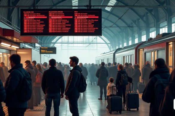 Una bulliciosa estación de tren llena de viajeros, algunos se ven frustrados y otros revisando sus teléfonos para obtener actualizaciones. El "tablero de salida" muestra una serie de "cancelaciones" y "retrasos", con letras rojas brillantes que indican los "trenes" que han sido "suprimidos" debido a la huelga. Un grupo de pasajeros se acurruca juntos, discutiendo sus opciones, mientras que otros hacen cola en el "mostrador de información", que está abrumado por las consultas. En primer plano, una familia con equipaje espera ansiosamente, mirando el 'reloj' a medida que el tiempo se acerca a su partida programada. Fuera de la estación, un autobús etiquetado como 'Express' está estacionado, listo para llevar a los pasajeros a rutas alternativas, con algunas personas abordándolo. La atmósfera general es de confusión e incertidumbre, con la sobrecarga de 'signos' apuntando en varias direcciones, algunos que conducen a 'rodales' y otros a 'trenes de alta velocidad'.
