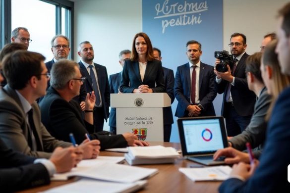 Una conferencia de prensa profesional con Anna Martí, la municipal de Greuges de la Seu de Síndica, de pie en un podio adornado con el emblema municipal. Ella está vestida con un traje inteligente y personalizado, que exuda confianza y autoridad. Detrás de ella, una gran pancarta muestra el título 'Memòria Anual 2024' en letras en negrita. La habitación está llena de atentos periodistas, algunos tomando notas, otras capturando el momento con cámaras. La atmósfera es grave pero comprometida, con un enfoque en los problemas en cuestión. En la mesa a su lado, es visible una pila de documentos titulados 'Actuacions I Queixes', junto con una computadora portátil que muestra gráficos y estadísticas relacionadas con las 67 acciones tomadas durante todo el año. La audiencia es diversa, que representa varios grupos de edad y antecedentes, lo que refleja la participación de la comunidad en el gobierno local. La iluminación es brillante, enfatizando la importancia de la transparencia y la comunicación en los asuntos mun