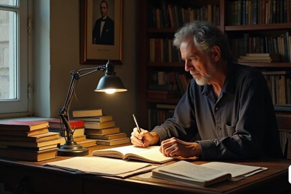 Una escena 'académica' que representa Lluís Coromina Verdaguer, un 'médico' en 'Historia contemporánea', sentada en un 'escritorio de madera' abarrotado de 'libros' y 'artículos' relacionados con su investigación sobre Laureà Dalmau I Pla. El escritorio está iluminado por una 'lámpara de escritorio vintage', lanzando un brillo cálido sobre un 'cuaderno' lleno de notas escritas a mano y bocetos de la vida de Dalmau. En el fondo, una 'estantería' está llena de 'textos históricos' y 'obras literarias' en 'catalán', que refleja las contribuciones de Dalmau a la 'medicina' y la 'literatura'. Una 'fotografía enmarcada' de Dalmau cuelga en la pared, mostrándolo en un 'traje formal', exudando un sentido de 'gravedad intelectual'. La atmósfera es una de 'dedicación' y 'beca', con una 'ventana' que permite que se filtre la 'luz natural' suave, simbolizando la 'iluminación' que proviene de la 'investigación histórica'.
