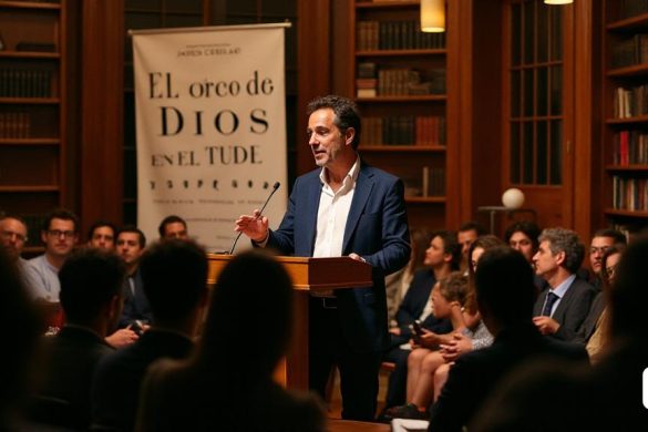 Una escena cautivadora se desarrolla en el Instituto Cervantes, donde Javier Cercas se encuentra con confianza en un podio, rodeado por una audiencia de oyentes ansiosos. La habitación está adornada con paneles de madera ricos y cálidos y estantes llenos de libros, creando un ambiente acogedor para discusiones literarias. Cercas, un escritor distinguido con una expresión reflexiva, hace un gesto animado mientras habla sobre su último libro, 'El Loco de Dios en el Mundo'. Su atuendo es inteligente, casual, con un blazer azul marino a medida sobre una camisa blanca crujiente, que encarna una mezcla de profesionalismo y accesibilidad. En el fondo, una gran pancarta que muestra el título de su libro cuelga prominentemente, sus letras audaces contrastan con la suave iluminación de la habitación. La audiencia, una mezcla diversa de entusiastas de la literatura y periodistas, se inclina atentamente, sus rostros iluminados por el cálido brillo de las luces superiores. Algunas notas de garabatos, mientras que otras ca