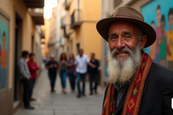 Una escena conmovedora que representa el legado de 'Oncle Antoni' en Reus, capturando la esencia de la cultura 'Gitanos'. En primer plano, un hombre desgastado pero digno de unos 70 años, que recuerda a 'Oncle Antoni', se encuentra con una sonrisa suave, sus ojos profundos que reflejan la sabiduría y la compasión. Lleva un atuendo tradicional 'Gitano', completo con un colorido 'Chaleco' y un sombrero de ala ancha, simbolizando su papel como 'Home de Respecte'. Alrededor de él hay murales vibrantes en las paredes de una calle estrecha, que ilustran escenas de la vida de 'Gitanos', que muestran 'patrimonio cultural' y 'comunidad'. En el fondo, un grupo de 'Gitanos' más jóvenes participa en una conversación animada, sus gestos animados, encarnando el espíritu de 'MediaCión' que 'Oncle Antoni' defendió. La atmósfera está llena de un sentido de 'comunidad', mientras se pone el sol, arrojando un cálido brillo dorado sobre la escena, destacando la importancia de 'Convivència' en los vecindarios de 'Sant Josep Obrer'