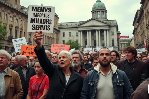 Una escena de la calle urbana abarrotada que representa a un grupo diverso de ciudadanos involucrados en discusiones animadas. En primer plano, una mujer de mediana edad con características 'preocupadas' tiene un letrero que dice 'Impostos de Menys, Millors Servis' en letras audaces. A su lado, un joven con una expresión "determinada" gestica apasionadamente, enfatizando su punto con un dedo elevado. En el fondo, se avecina un 'edificio gubernamental', su arquitectura imponente y 'burocrático', que simboliza la ineficiencia discutida en el texto. El cielo está nublado, lanzando una luz 'sombría' sobre la escena, reflejando la 'tensión' en el aire. En la calle, se pueden ver varias 'señales de protesta', incluidas frases como 'Baixeu L’Va!' y 'Prou d’Estatolatria', que ilustra la demanda de cambio de los ciudadanos. En la distancia, una pancarta cuelga del edificio, leyendo 'Defensem La Nostra Indústria', que muestra los intereses conflictivos en juego. La atmósfera general es de urgencia y frustración, captur