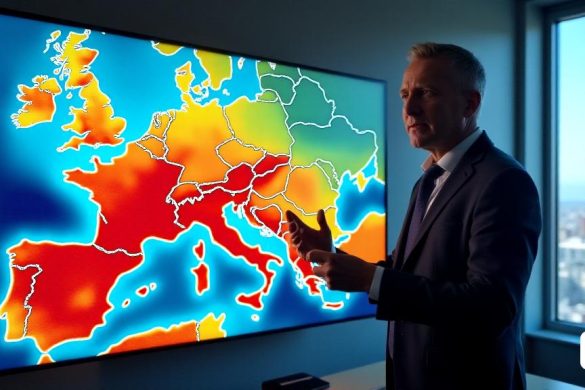 Una escena detallada que representa un 'meteorólogo' que se encuentra frente a una gran pantalla digital que muestra 'datos climáticos' y 'mapas meteorológicos' de Europa. La pantalla muestra un mapa vibrante de Europa con áreas resaltadas en 'intensas' rojo 'que indica' temperaturas anomalamente altas 'en regiones como' Europa del Este ',' Escandinavia 'y' Rusia '. En contraste, las regiones del sur, incluidas 'Portugal' y 'España occidental', se muestran en colores más fríos, lo que sugiere 'temperaturas promedio o por debajo del promedio'. El meteorólogo, Francesc Mauri, está haciendo un gesto hacia la pantalla, con una expresión seria, enfatizando los "patrones climáticos excepcionales" de marzo de 2025. En el fondo, una ventana revela un "cielo azul claro" sobre 'catalonia', simbolizando los contrastes de 'clima inusual'. La atmósfera general transmite un sentido de urgencia e importancia con respecto a la 'crisis climática' y sus efectos en los 'niveles de agua' en 'Cataluña'.