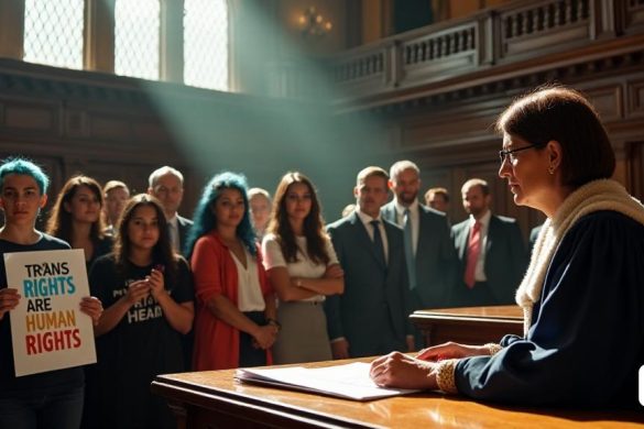 Una escena dramática del tribunal se desarrolla en una grandiosa e histórica corte británica, con altos bancos de madera y decoraciones ornamentadas. La atención se centra en un juez, una mujer de mediana edad con cabello corto y oscuro, con túnicas y gafas judiciales tradicionales, sentada en el banco elevado, luciendo severamente en los procedimientos. Frente a ella, un grupo diverso de individuos se encuentra, que representa varias perspectivas sobre género e identidad. A un lado, un grupo de activistas, incluida una mujer joven con cabello azul vibrante y maquillaje audaz, sosteniendo un letrero que dice 'los derechos trans son los derechos humanos' en letras brillantes y coloridas. Sus expresiones son una mezcla de determinación y frustración. En el lado opuesto, un hombre con un traje a medida, que parece seguro, tiene una pila de documentos legales, que simboliza la visión tradicional del género. La atmósfera es tensa, con un aire de anticipación mientras el tribunal se prepara para emitir su fallo. La