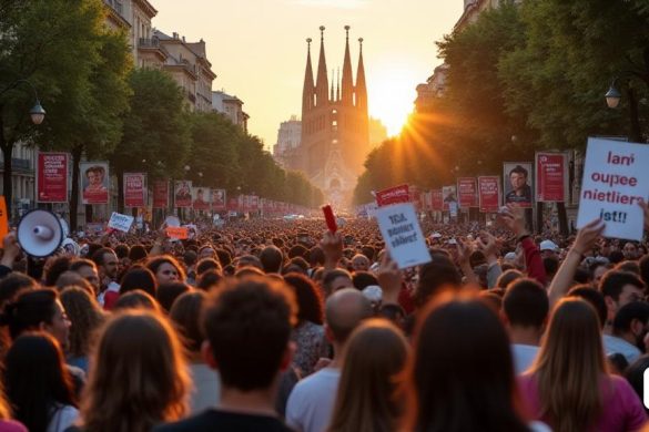 Una escena dramática que representa una bulliciosa calle urbana en Barcelona, ​​llena de una multitud diversa de personas involucradas en una animada protesta contra los problemas de vivienda. El primer plano muestra un grupo de manifestantes apasionados que sostienen pancartas coloridas con frases como 'Hábitatge Digne' y 'Atur de Lloguers' en letras en negrita. Sus expresiones son una mezcla de determinación y frustración, capturando la urgencia de la crisis de la vivienda. En el fondo, los edificios icónicos de Barcelona, ​​como la Sagrada Familia, son majestuosos, simbolizando el contraste entre la belleza de la ciudad y las luchas de sus residentes. Algunas personas se ven apasionadamente hablando en megáfonos, reuniendo a la multitud, mientras que otras se dedican a discusiones animadas. La atmósfera está cargada de energía, mientras se pone el sol, lanzando un cálido tono dorado sobre la escena, destacando el peso emocional del momento. La calle está llena de carteles que representan a Ada Colau y otra