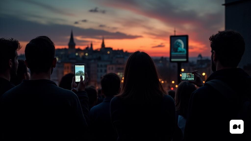Una escena dramática se desarrolla cuando el sol se pone sobre un paisaje urbano con poca luz, lanzando largas sombras por las calles. El horizonte está salpicado de altos 'edificios' silueta contra un cielo crepuscular de profundidad, donde los tonos de 'naranja', 'púrpura' y 'azul' se mezclan sin problemas. En primer plano, un grupo de ciudadanos preocupados se reúne, sus rostros iluminados por el suave brillo de los 'teléfonos inteligentes' mientras intentan comunicarse en ausencia de poder. Algunos sostienen sus dispositivos, mostrando una 'alimentación de noticias' sobre el 'apagón' masivo que ha dejado España y Portugal en la oscuridad. Cerca, un 'reportero de noticias' se encuentra con un micrófono, su expresión es seria mientras ofrece actualizaciones sobre la situación. Una gran valla publicitaria digital parpadea de manera intermitente, luchando por mantener su 'anuncio' en medio de la interrupción. En el fondo, los "puntos de referencia" icónicos de la ciudad son apenas visibles, envueltos en un mi