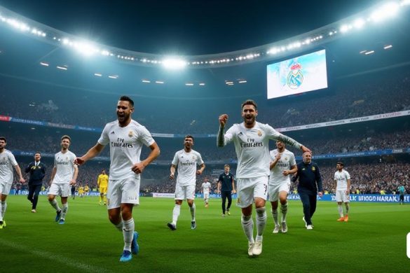 Una escena dramática se desarrolla en el estadio Santiago Bernabéu, donde la atmósfera es eléctrica con anticipación y tensión. El gran 'estadio' está iluminado por brillantes reflectores, lanzando un brillo brillante sobre el exuberante 'tono' verde. Los fanáticos vestidos de camisetas 'blancas' y 'azules' llenan las gradas, sus caras tienen una mezcla de ansiedad y emoción, ondeando banderas y pancartas en apoyo de sus equipos. En primer plano, un grupo de jugadores de 'Real Madrid', incluida la imponente figura de 'Antonio Rüdiger', celebra apasionadamente después de marcar un objetivo crucial, sus expresiones reflejan una mezcla de alivio y alegría. El fondo revela que el marcador parpadea '4-4', un testimonio de la naturaleza emocionante del partido. Al margen, se puede ver 'Carlo Ancelotti' dirigiendo animadamente a sus jugadores, mientras que el equipo opuesto 'Real Sociedad' mira con una mezcla de incredulidad y determinación. La escena captura la esencia del drama del fútbol, ​​con los jugadores atra