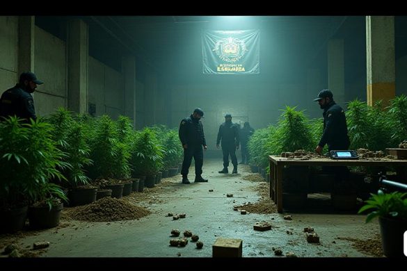 Una escena dramática se desarrolla en un almacén industrial con poca luz, donde los restos de una operación de drogas a gran escala son claramente visibles. El piso está disperso con las plantas de 'cannabis', algunas todavía enraizadas en sus macetas, mientras que otras acopladas, sus vibrantes hojas verdes que contrastan bruscamente contra el concreto frío. En una esquina, una pila de ladrillos 'hachish', cuidadosamente apilados, sugiere la escala de la operación, mientras que cerca, una escala digital muestra el peso de '52 kilogramos 'de' marihuana 'y '92 kilogramos' de 'hachís', que enfatiza la enorme enorme del busto. La atmósfera es tensa, con sombras proyectadas por las luces superiores parpadeantes, agentes iluminadores en equipo táctico, sus caras son serias y enfocadas mientras reúnen evidencia. En el fondo, una gran pancarta con el logotipo de 'Mossos d'Esquadra' se cuelga en la pared, simbolizando la presencia y la autoridad de la agencia de aplicación de la ley. Varios relojes de alta gama, bril