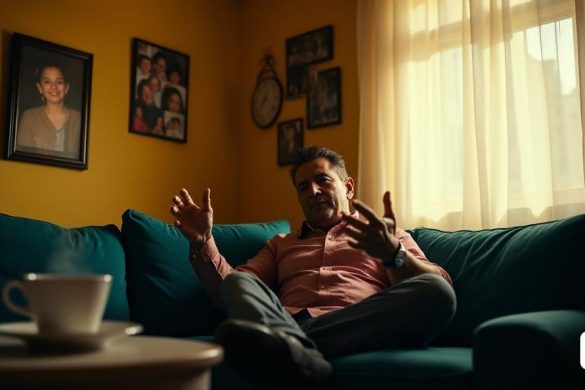 Una escena dramática se desarrolla en una acogedora sala de estar, donde Kiko Hernández, una conocida personalidad televisiva, está sentada en un sofá azul lujoso y azul profundo, su expresión de preocupación y determinación mientras revela detalles impactantes sobre Merchi Bernal, la madre de Anabel Pantoja. La habitación está suavemente iluminada, con una luz amarilla cálida que arroja sombras suaves en las paredes adornadas con fotos familiares. Una gran ventana drapeada con cortinas blancas transparentes permite que la luz del sol se filtre, iluminando la habitación con un tono dorado. En el fondo, una imagen enmarcada de Anabel Pantoja, sonriendo intensamente, cuelga prominentemente, contrastando con la tensión en el aire. Kiko hace un gesto animado, sus manos enfatizan el peso de sus palabras, mientras discute la actitud 'Superbia' de Anabel hacia su madre, Merchi. La atmósfera está llena de emociones tácitas, ya que se destacan las luchas de Merchi, revelando a una mujer que siempre ha estado allí para